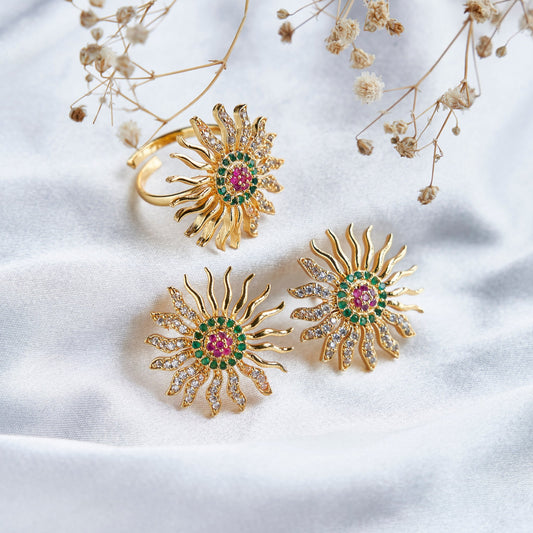 Combo - Gold Plated Sun Flare Ring & Studs Combo Set (Pack of 2) - Opal Touch