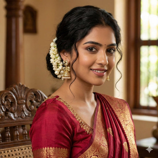 Gold Plated Temple Peacock Jhumka Earrings with Pearls - Opal Touch