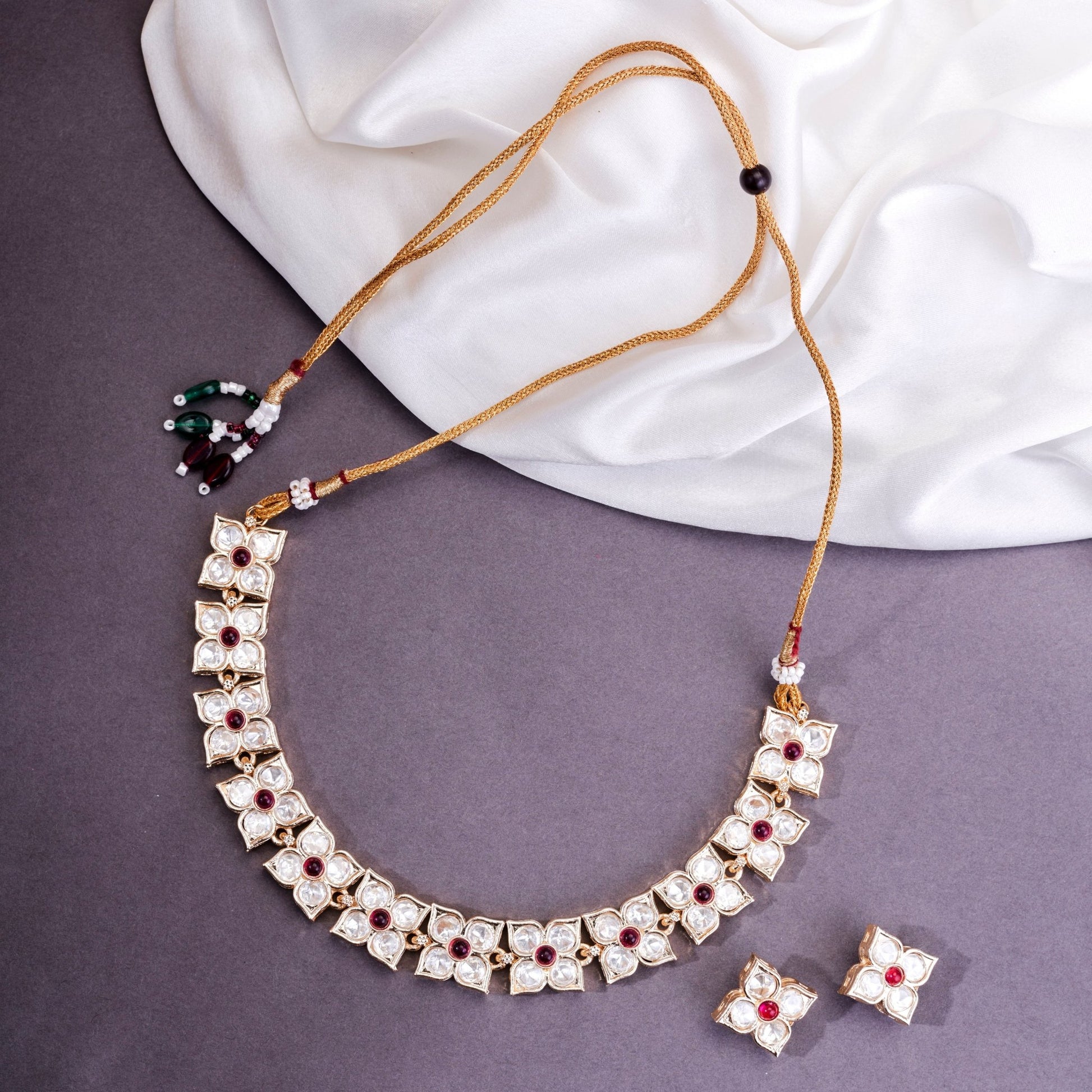 Necklace - Gold - Toned & Stone - Studded Floral Necklace Set - Opal Touch