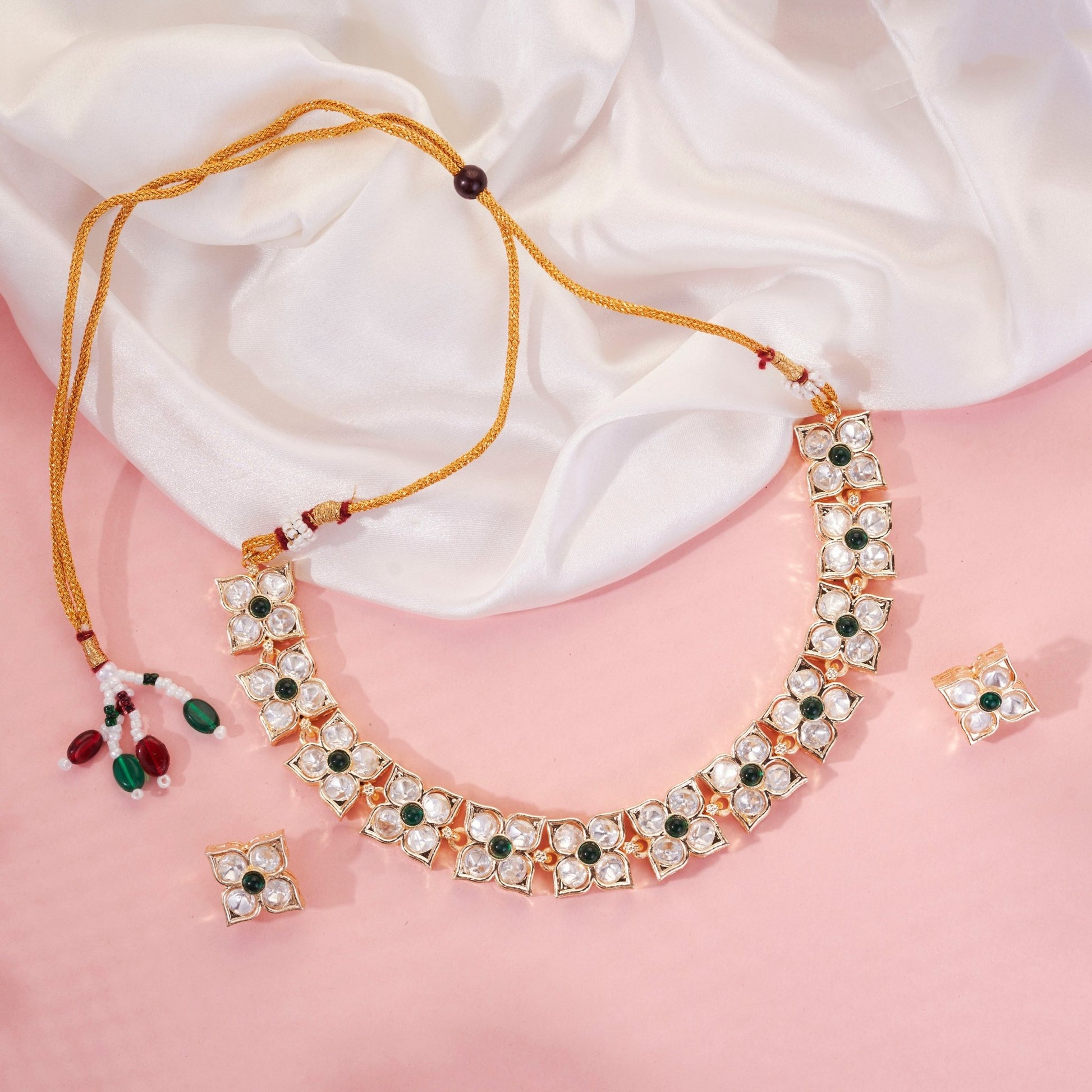 Necklace - Gold - Toned & Stone - Studded Floral Necklace Set - Opal Touch