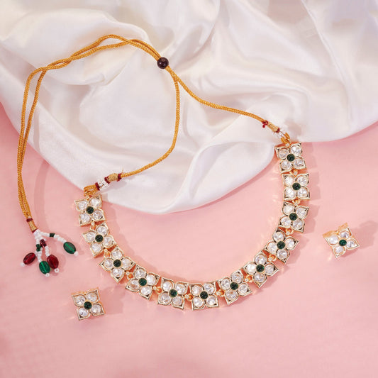 Necklace - Gold - Toned & Stone - Studded Floral Necklace Set - Opal Touch