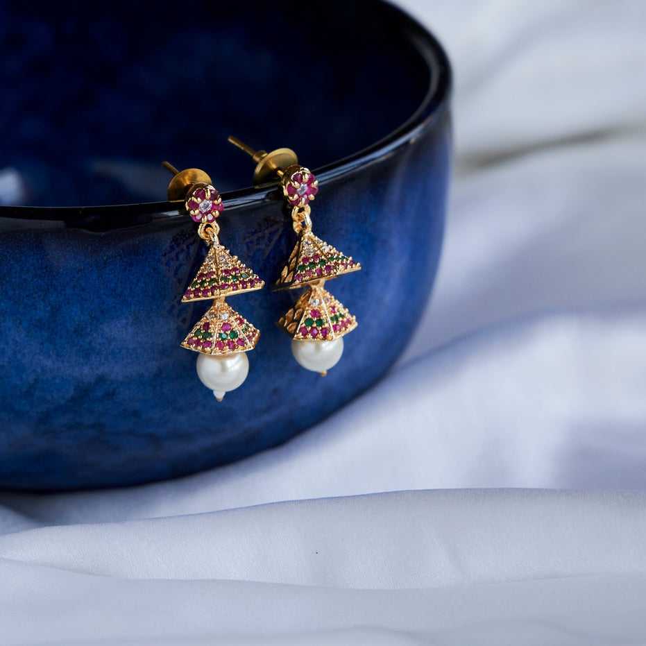 Jhumka - Golden Shine Double Layer Jhumkas - Opal Touch