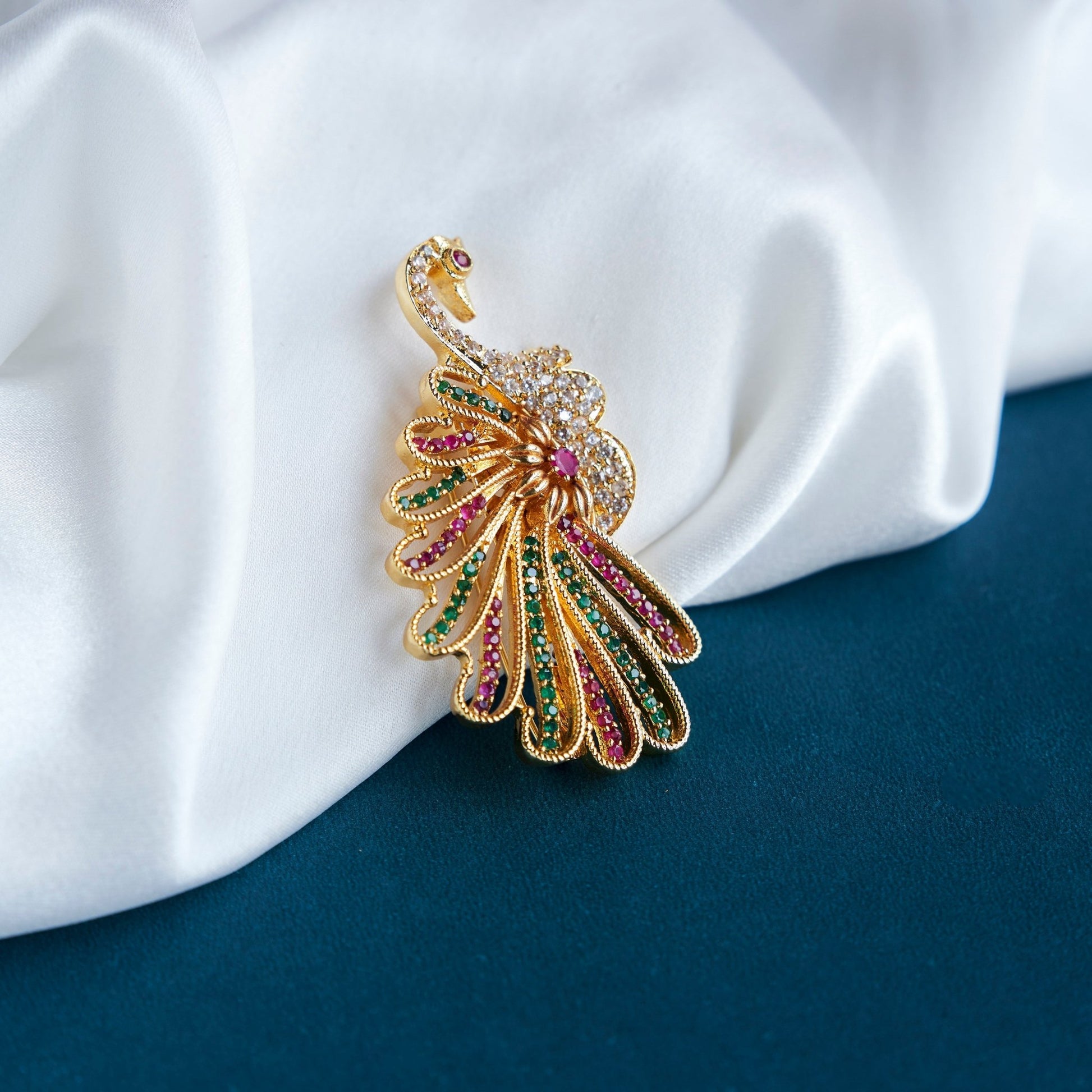 Saree Pin - Golden Sparkle Peacock Saree Pin - Opal Touch