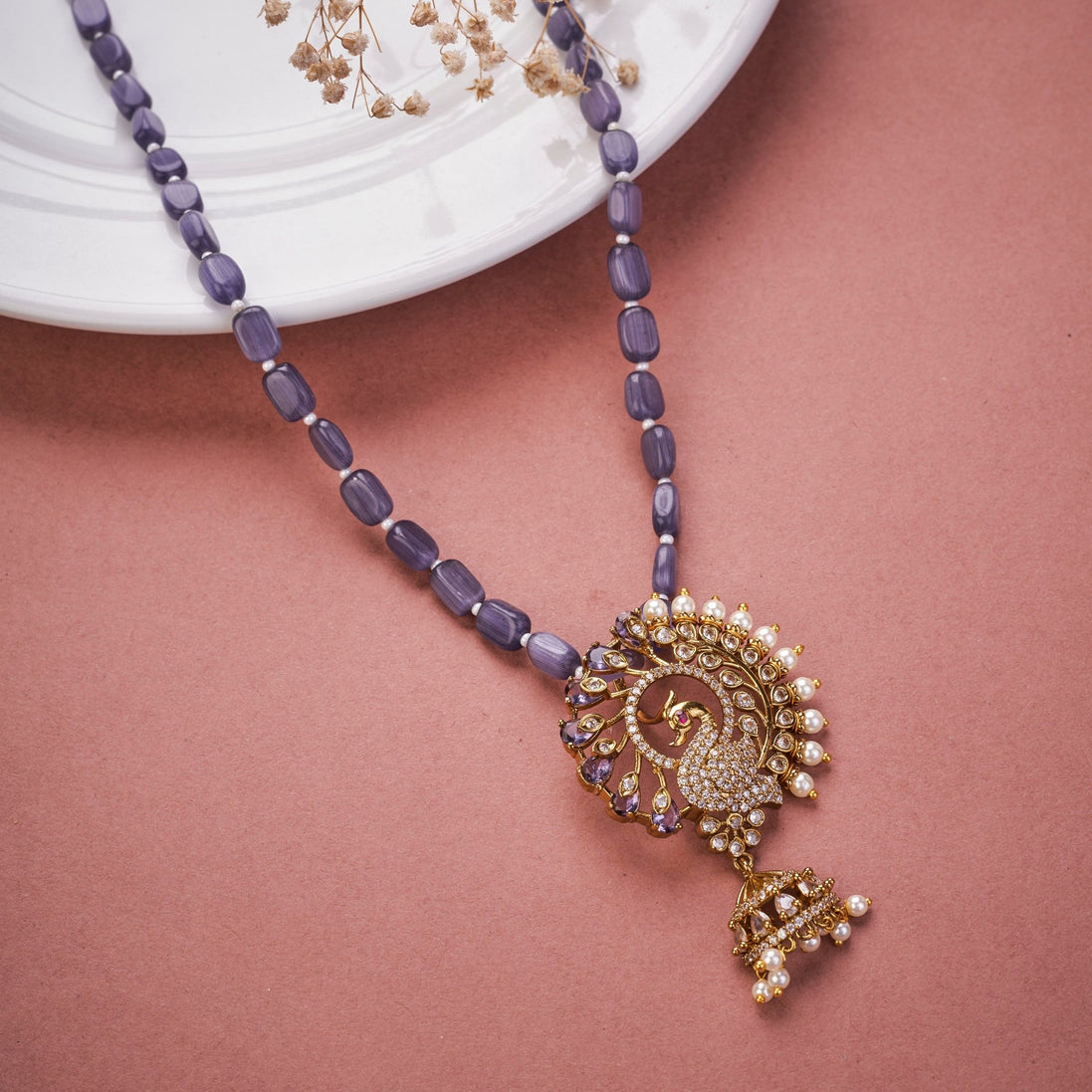 Locket Set - Graceful Peacock Motif Mehendi plated Locket Set - Opal Touch