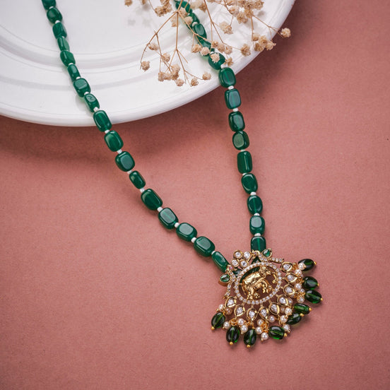 Locket Set - Handcrafted Beaded Mehendi Plated Kundan Locket Set with Royal Elephant Pendant - Opal Touch