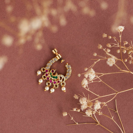 Nose Pin - Imperial Peacock - shaped Gold Plated Screw Nose Pin - Opal Touch