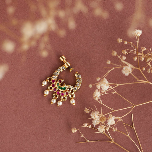 Nose Pin - Imperial Peacock - shaped Gold Plated Screw Nose Pin - Opal Touch