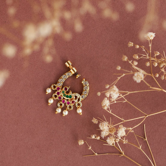 Nose Pin - Imperial Peacock - shaped Gold Plated Screw Nose Pin - Opal Touch