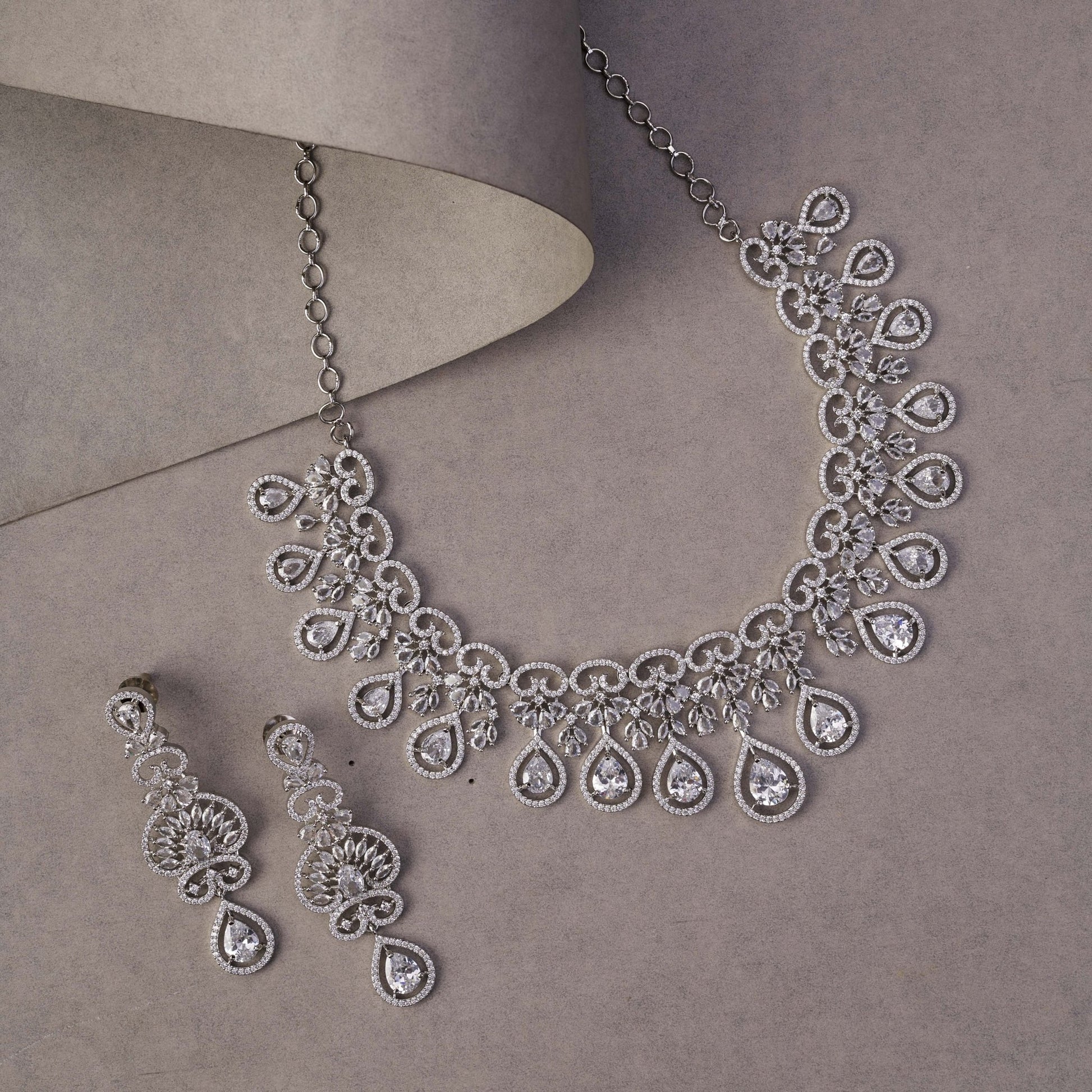 Necklace - Intricate Royal Rhodium Plated Necklace Set - Opal Touch