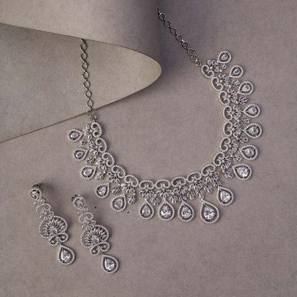 Necklace - Intricate Royal Rhodium Plated Necklace Set - Opal Touch