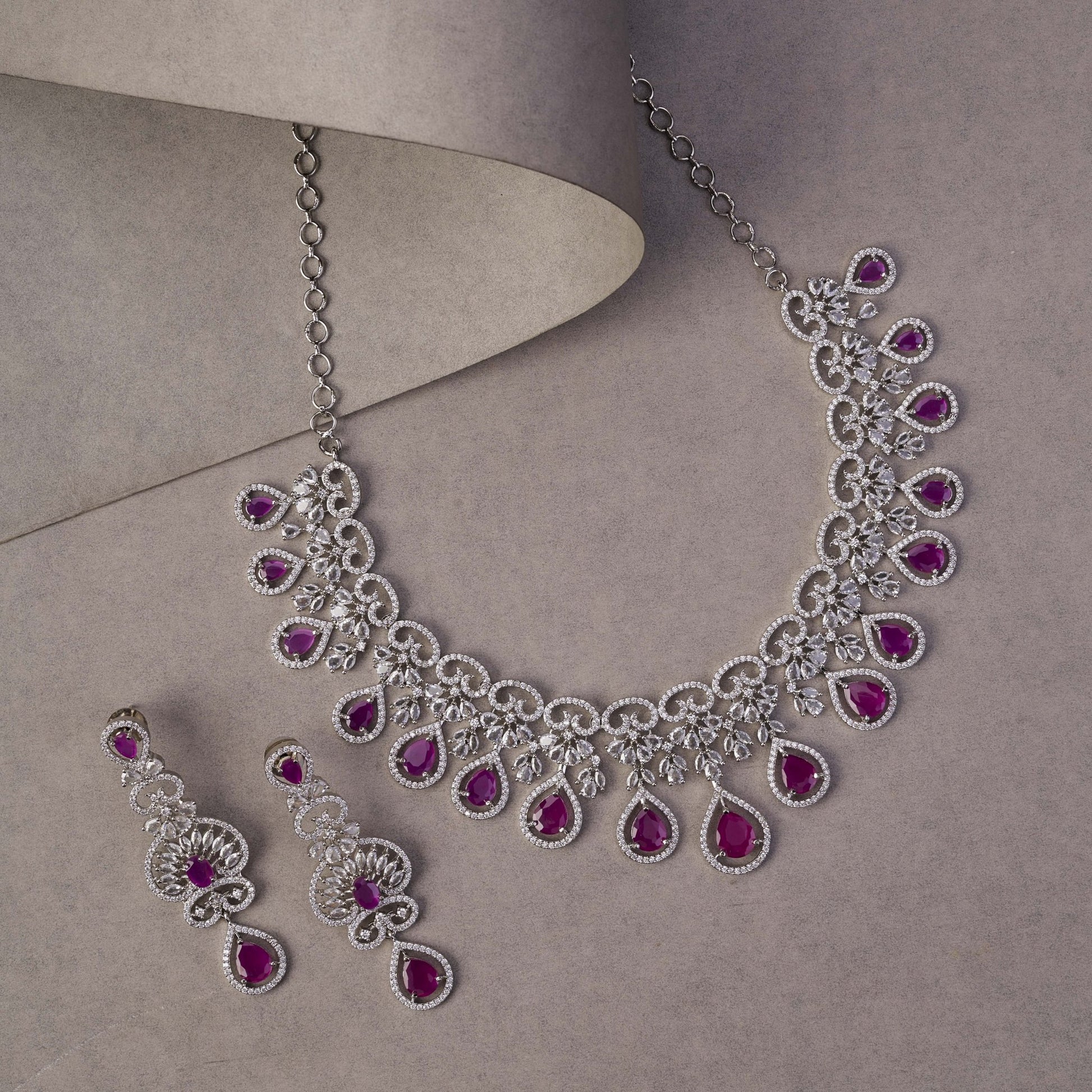 Necklace - Intricate Royal Rhodium Plated Necklace Set - Opal Touch