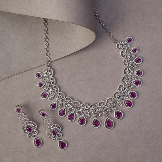 Necklace - Intricate Royal Rhodium Plated Necklace Set - Opal Touch