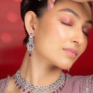Necklace - Intricate Royal Rhodium Plated Necklace Set - Opal Touch