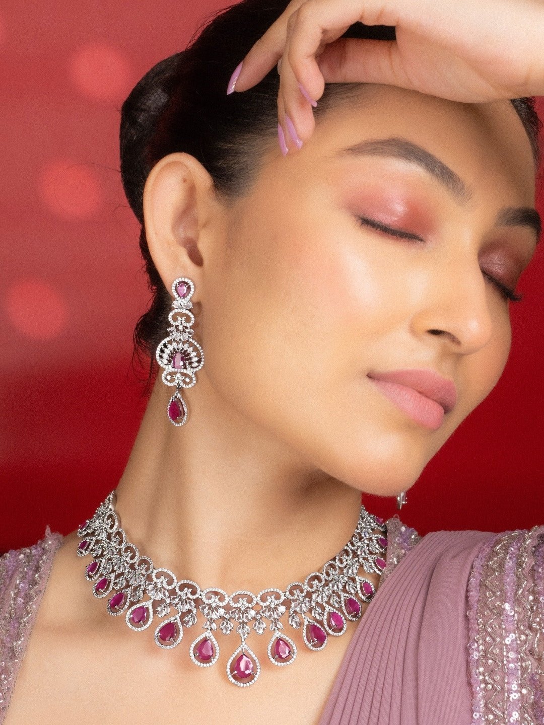 Necklace - Intricate Royal Rhodium Plated Necklace Set - Opal Touch