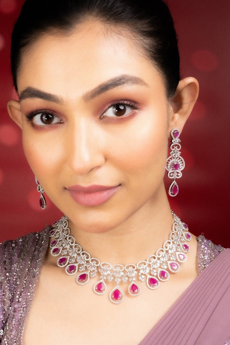 Necklace - Intricate Royal Rhodium Plated Necklace Set - Opal Touch