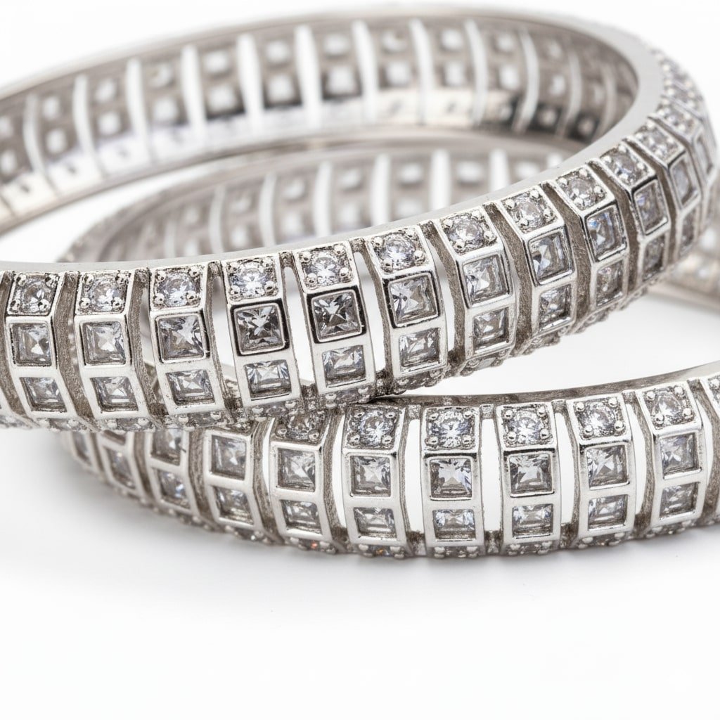 Bangles - Kundan Cascade Rhodium Plated Bangles - Opal Touch