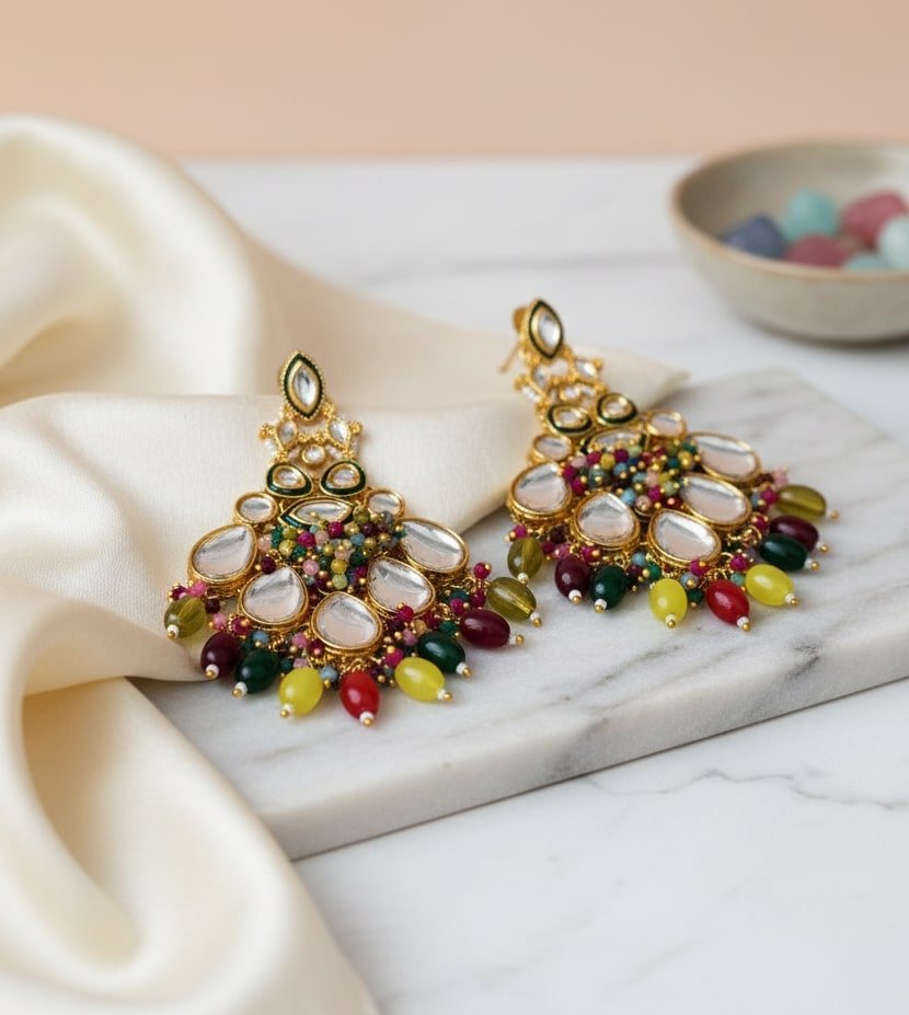 Kundan Danglers With Coloful Moti Earrings - Opal Touch