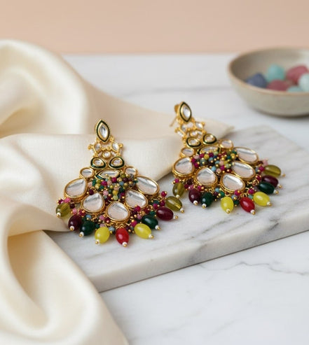 Kundan Danglers With Coloful Moti Earrings - Opal Touch