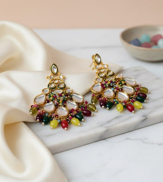 Kundan Danglers With Coloful Moti Earrings - Opal Touch