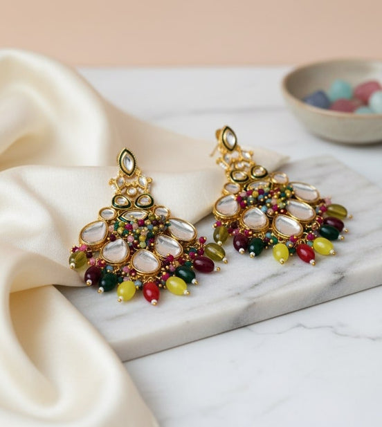 Kundan Danglers With Coloful Moti Earrings - Opal Touch