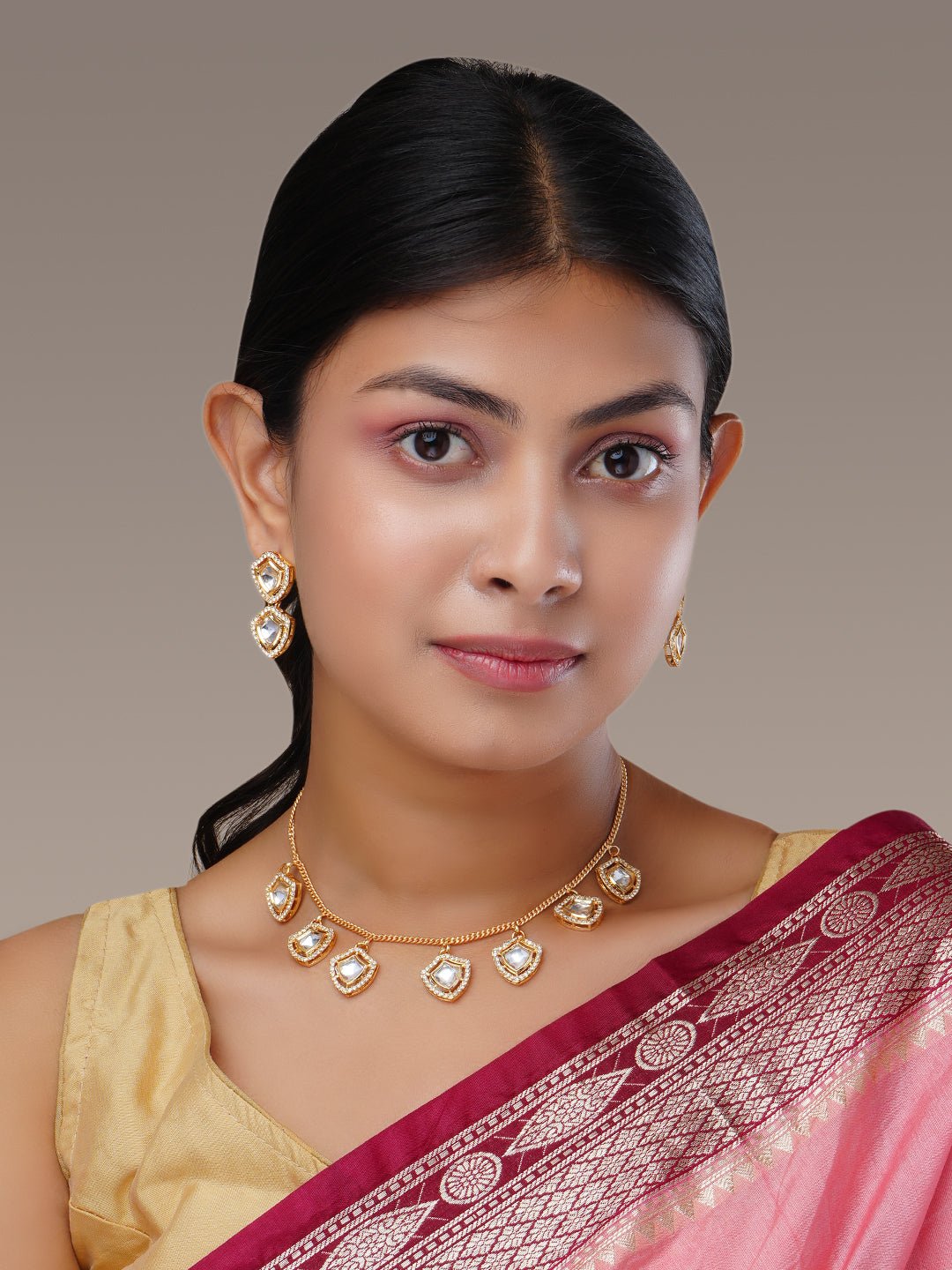 Necklace - Kundan Gold Plated Necklace Set - Opal Touch