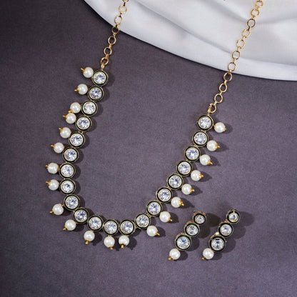 Necklace - Kundan Gold Plated Necklace Set with Earrings - Opal Touch