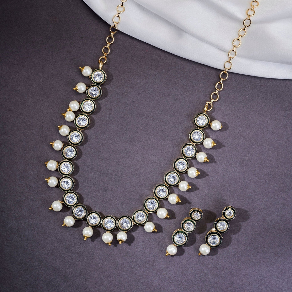 Necklace - Kundan Gold Plated Necklace Set with Earrings - Opal Touch