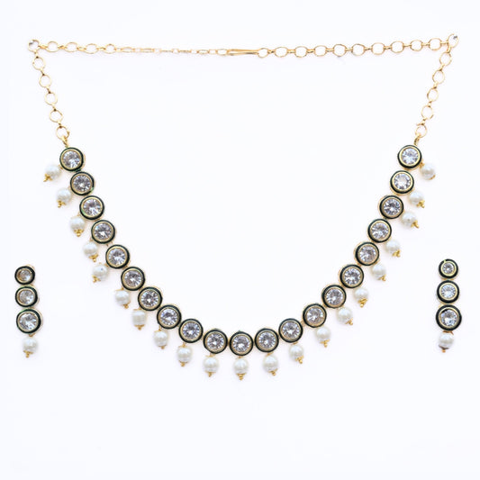 Necklace - Kundan Gold Plated Necklace Set with Earrings - Opal Touch