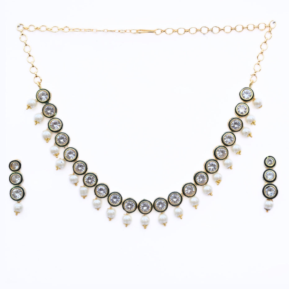 Necklace - Kundan Gold Plated Necklace Set with Earrings - Opal Touch