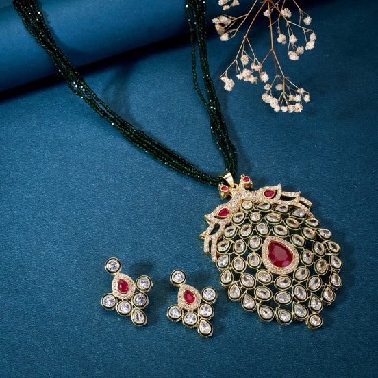 Necklace - Kundan Necklace Set with Pendant and Earrings - Opal Touch