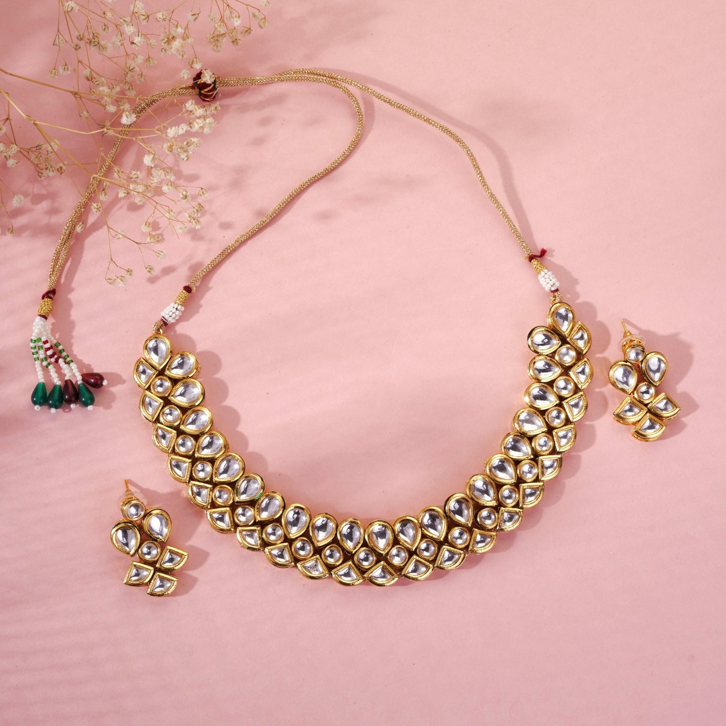 Necklace - Kundan Studded Necklace Set with Earrings - Opal Touch