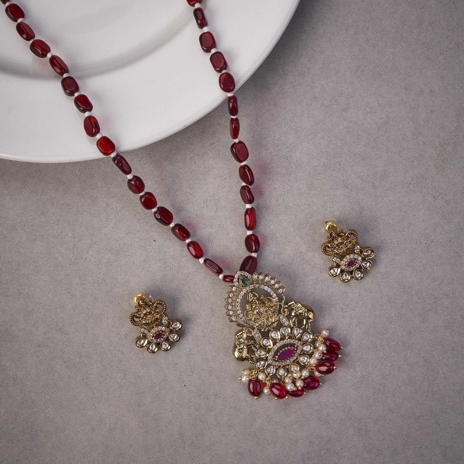 Locket Set - Lakshmi Enachanted Mehendi Locket Set with Earrings - Opal Touch