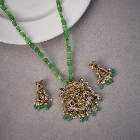 Locket Set - Lakshmi Royal Mehendi Plated Locket Set with Earrings - Opal Touch