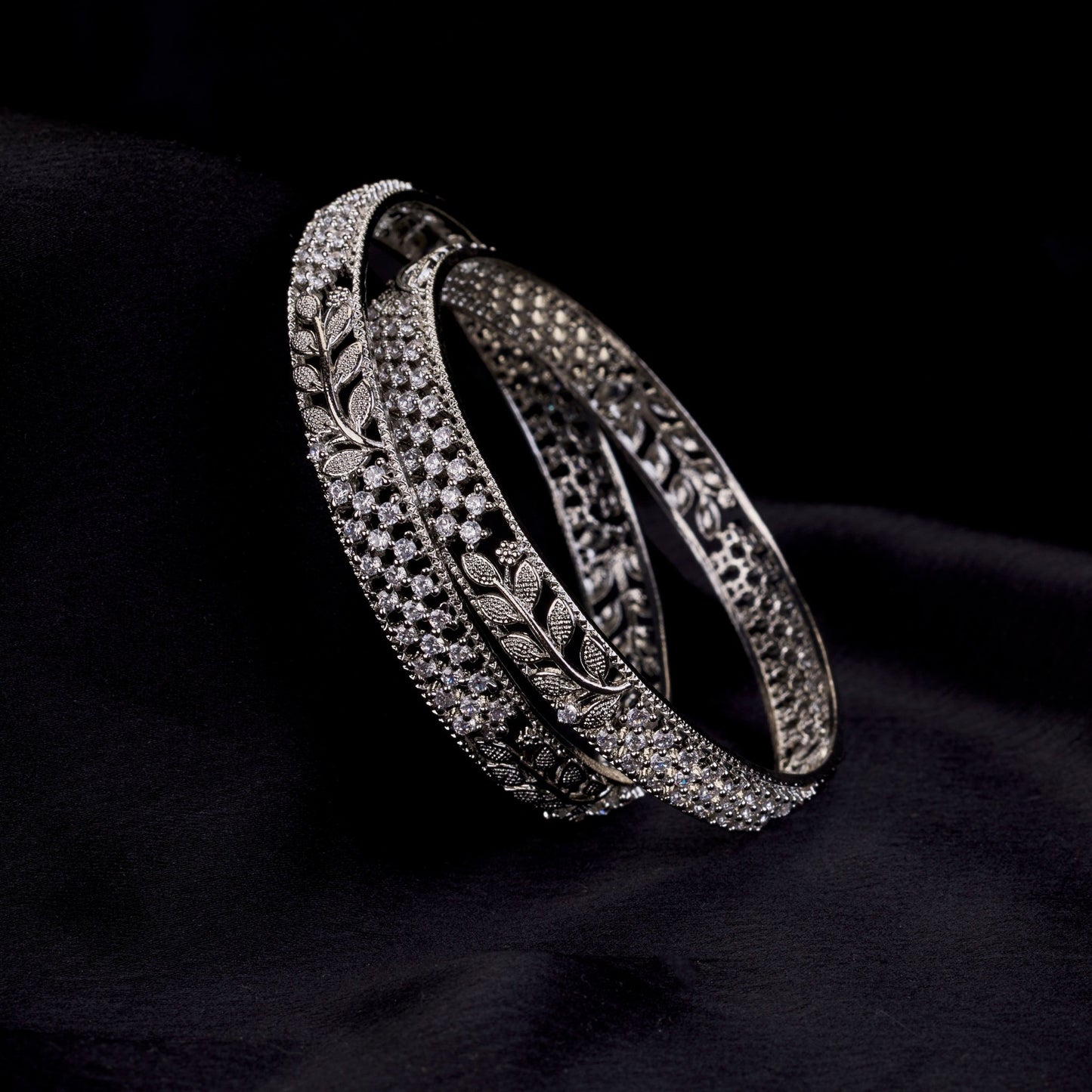 Bangles - Leaf Dazzle Rhodium Plated Bangles - Opal Touch