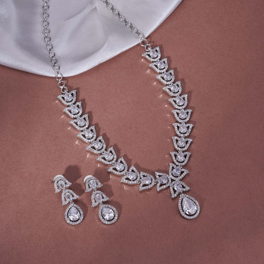 Necklace - Leaflet Enchanted Rhodium Plated Necklace Set - Opal Touch