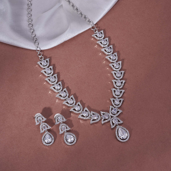 Necklace - Leaflet Enchanted Rhodium Plated Necklace Set - Opal Touch