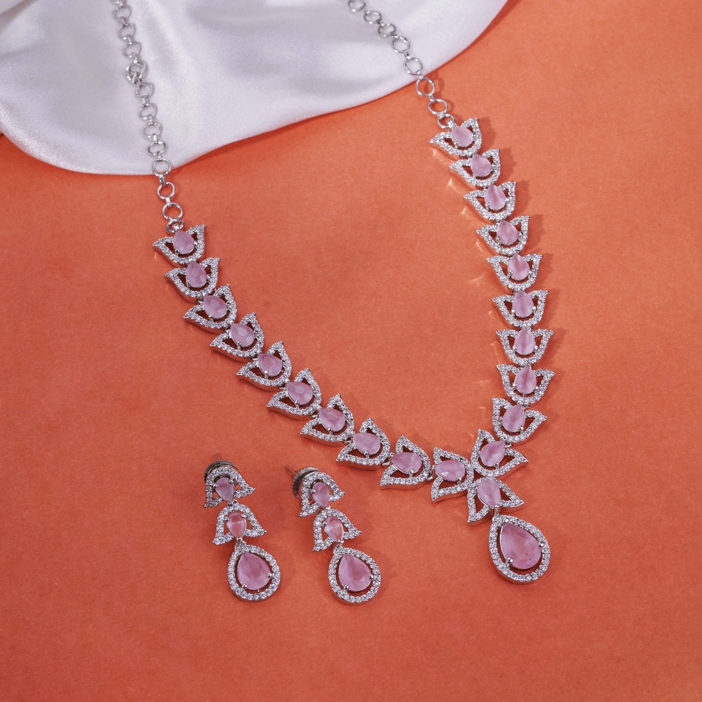 Necklace - Leaflet Enchanted Rhodium Plated Necklace Set - Opal Touch