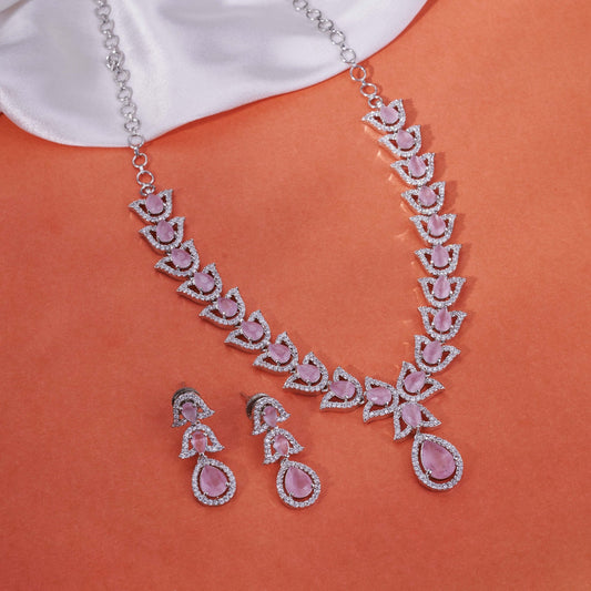 Necklace - Leaflet Enchanted Rhodium Plated Necklace Set - Opal Touch