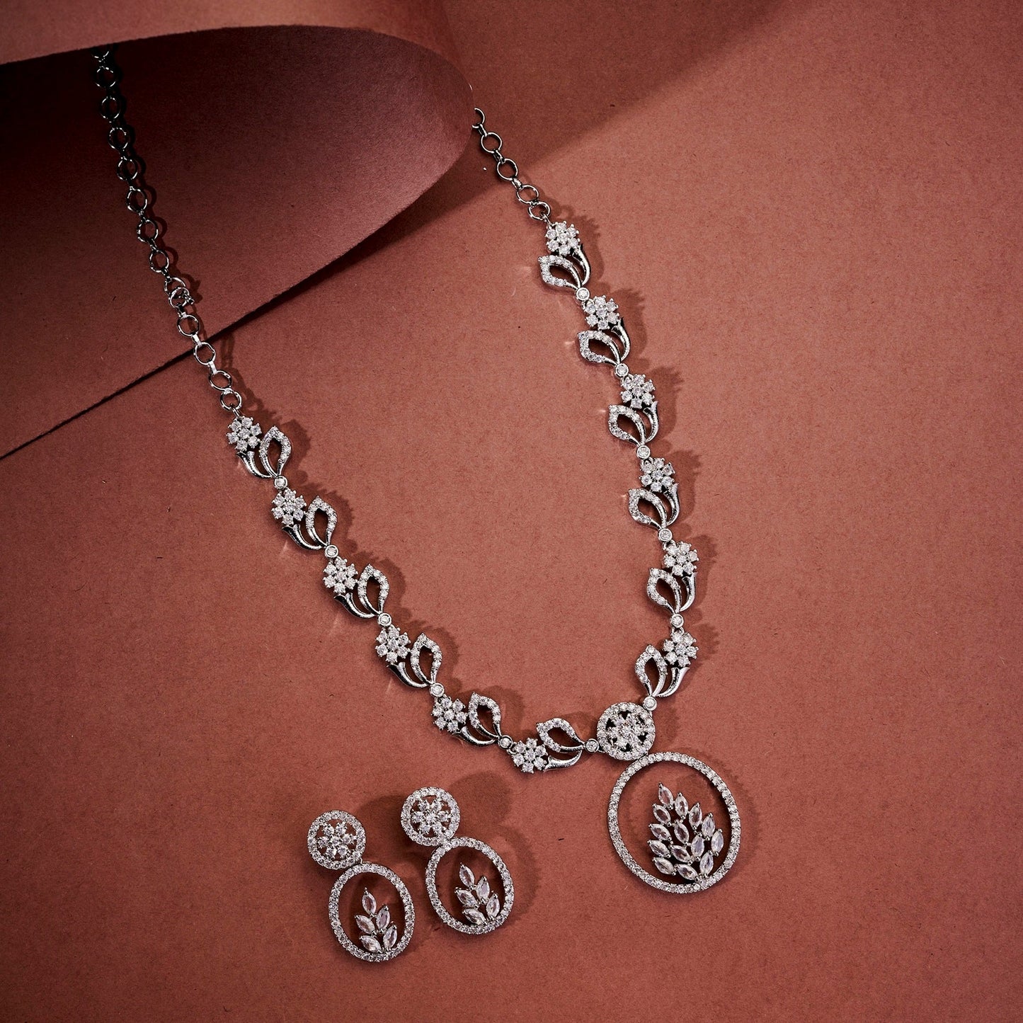 Necklace - Leaflet Motif Rhodium Plated Necklace Set - Opal Touch