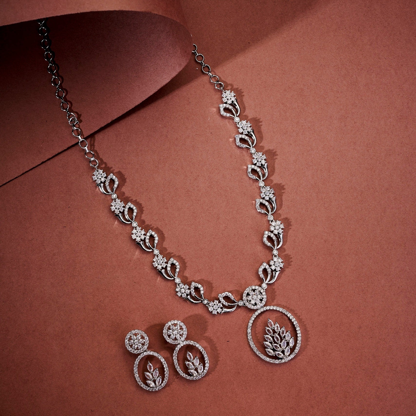 Necklace - Leaflet Motif Rhodium Plated Necklace Set - Opal Touch