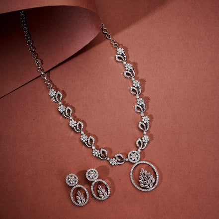 Necklace - Leaflet Motif Rhodium Plated Necklace Set - Opal Touch