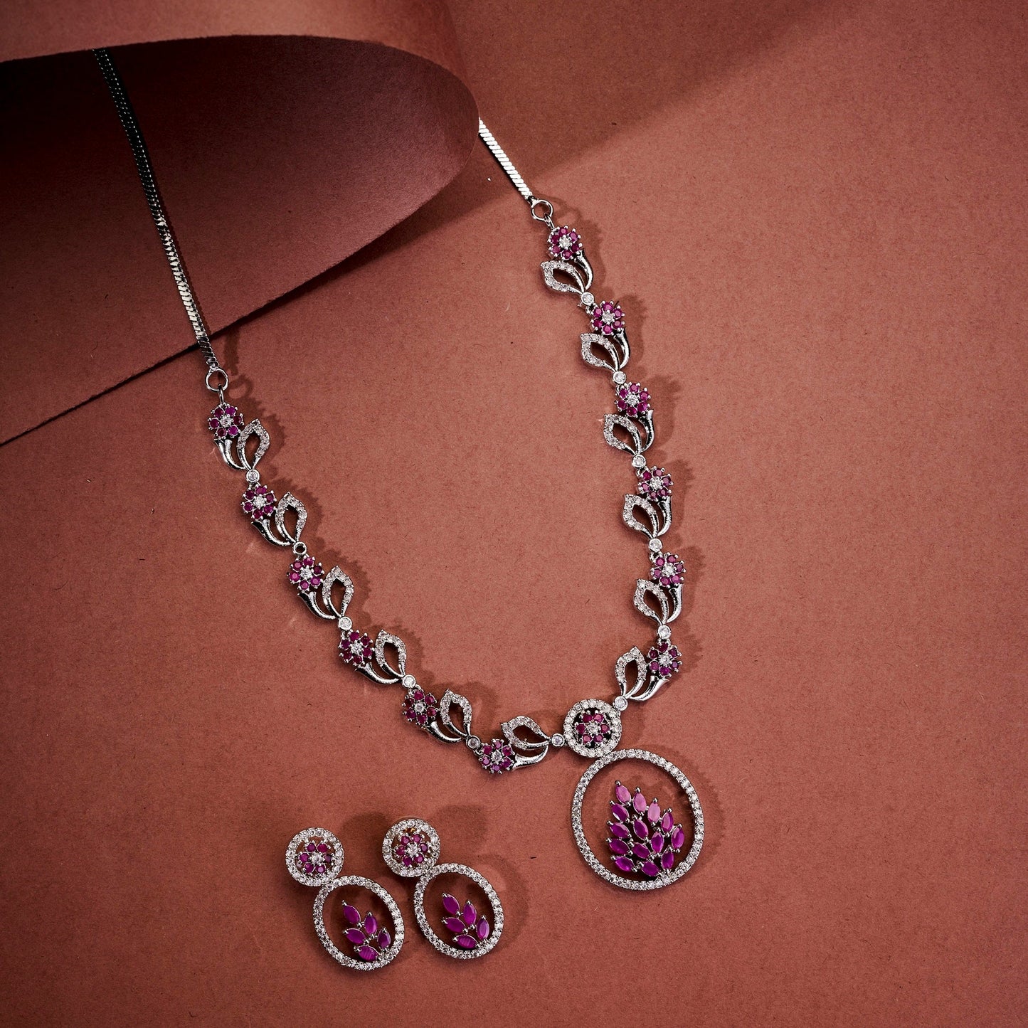 Necklace - Leaflet Motif Rhodium Plated Necklace Set - Opal Touch