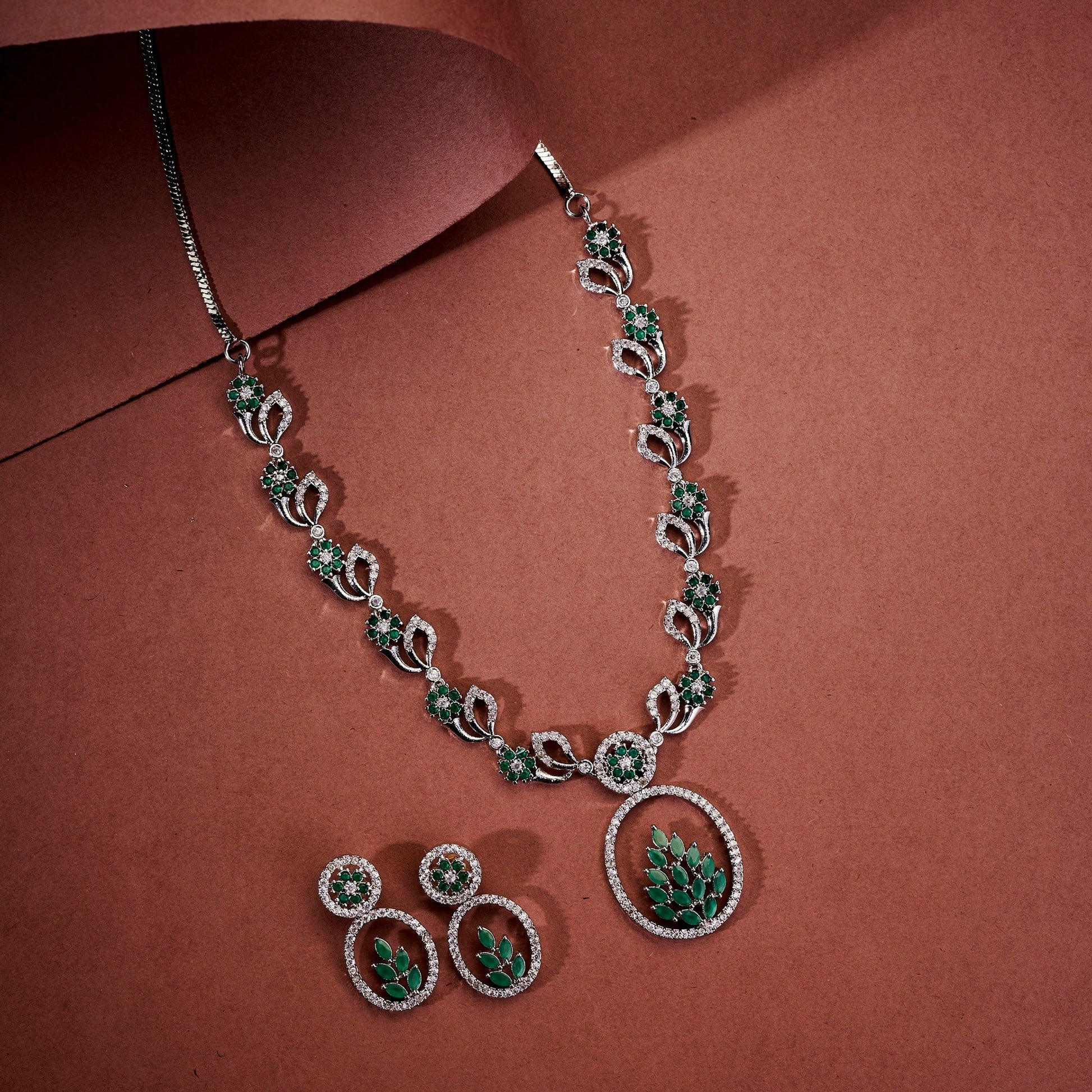 Necklace - Leaflet Motif Rhodium Plated Necklace Set - Opal Touch