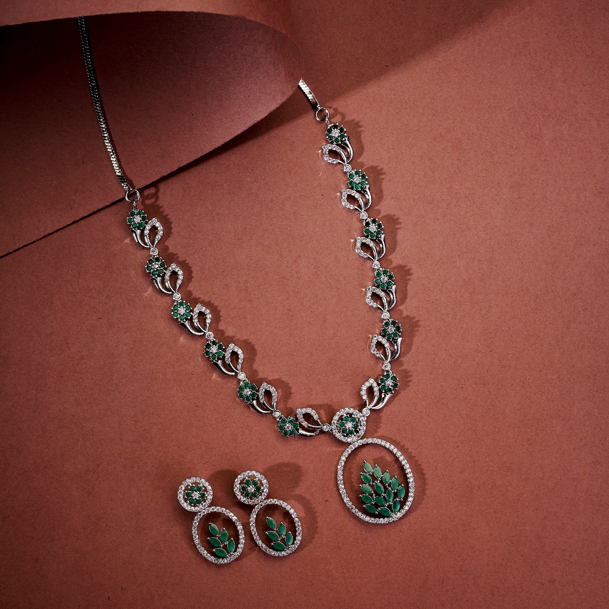 Necklace - Leaflet Motif Rhodium Plated Necklace Set - Opal Touch