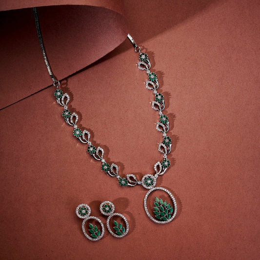 Necklace - Leaflet Motif Rhodium Plated Necklace Set - Opal Touch