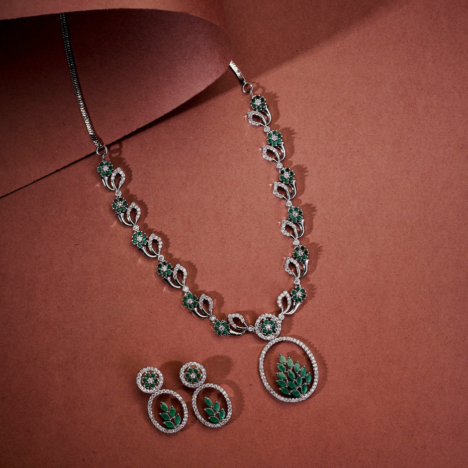 Necklace - Leaflet Motif Rhodium Plated Necklace Set - Opal Touch