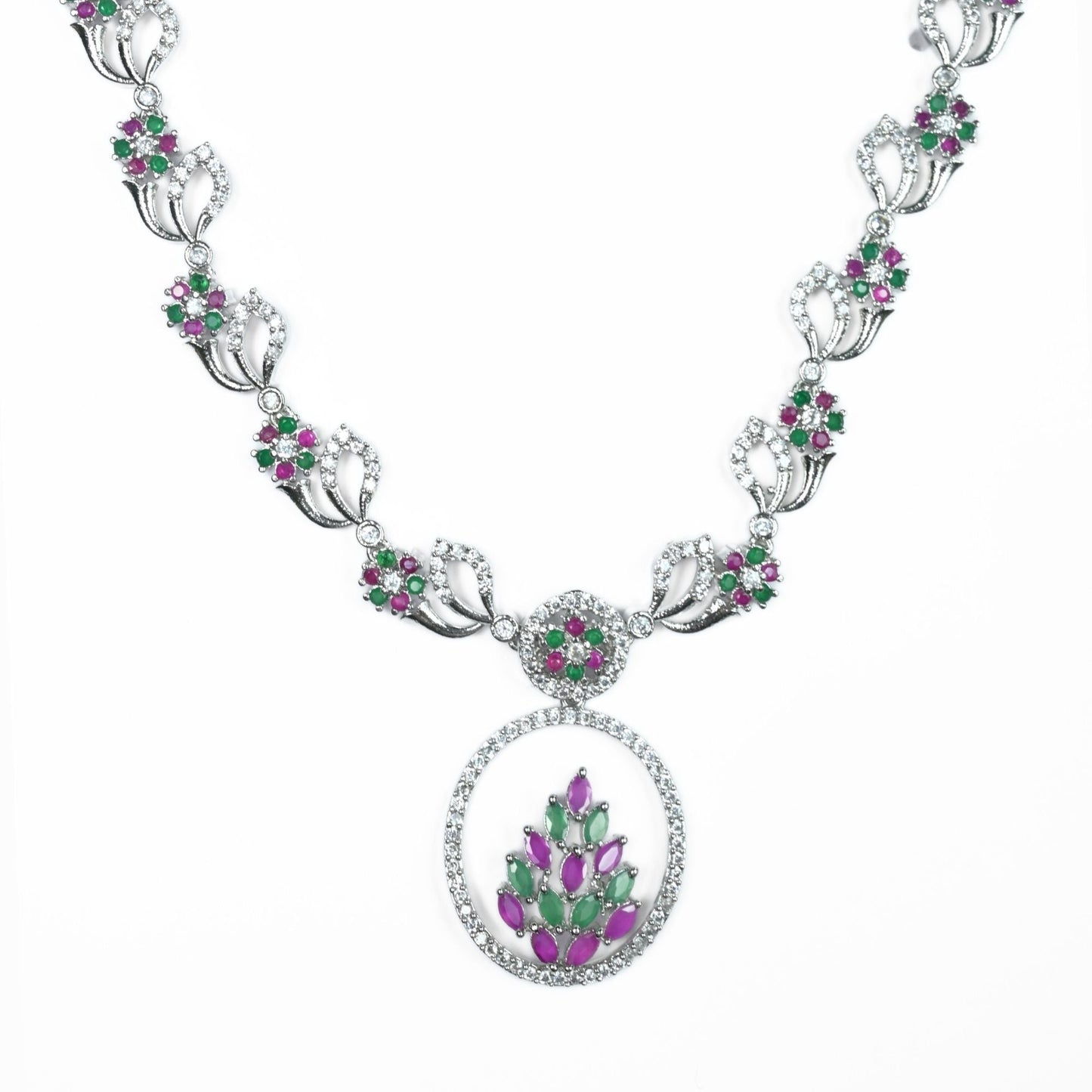 Necklace - Leaflet Motif Rhodium Plated Necklace Set - Opal Touch
