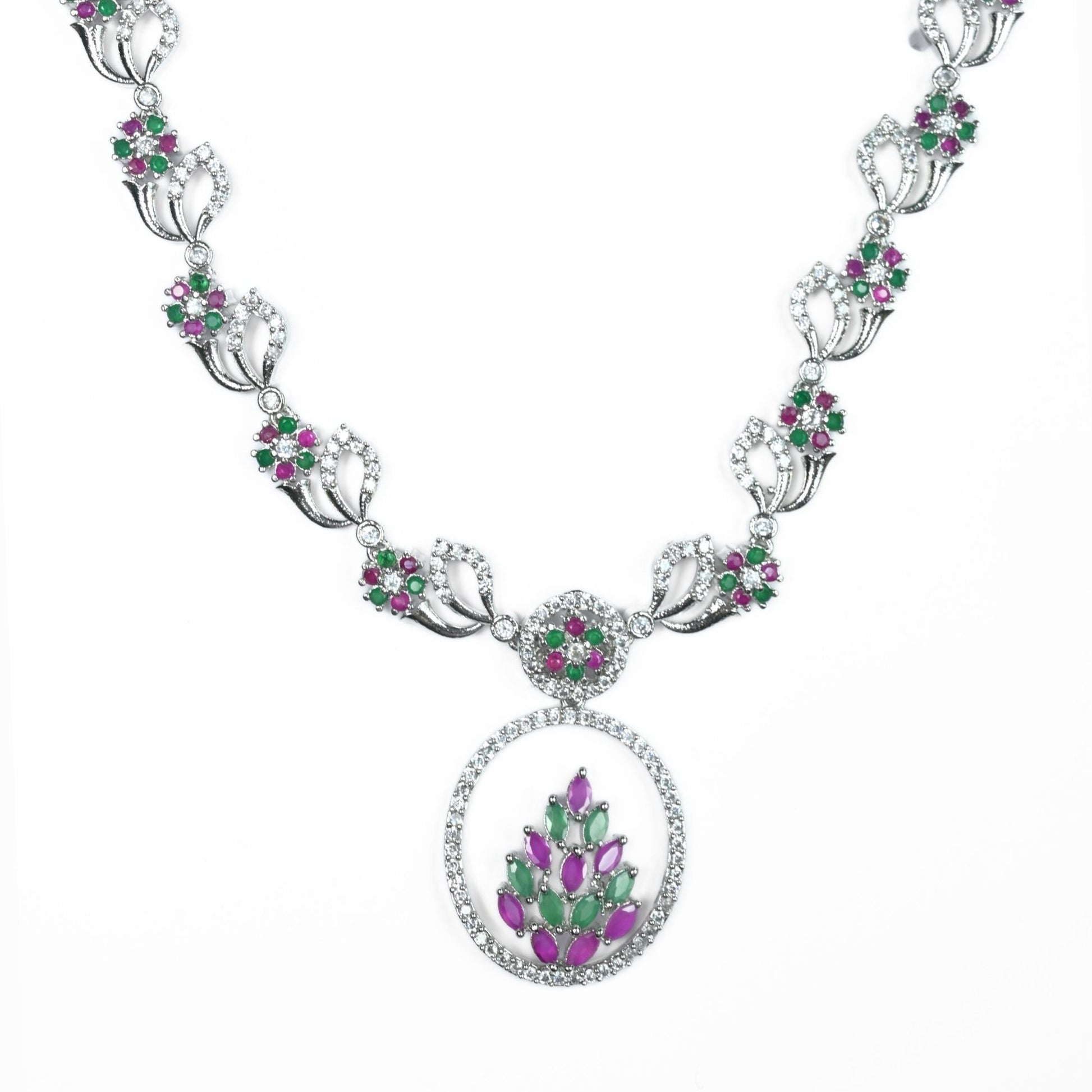 Necklace - Leaflet Motif Rhodium Plated Necklace Set - Opal Touch