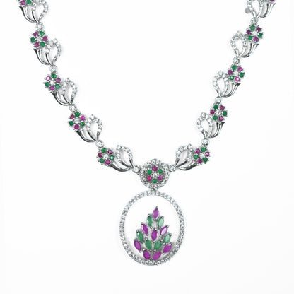 Necklace - Leaflet Motif Rhodium Plated Necklace Set - Opal Touch
