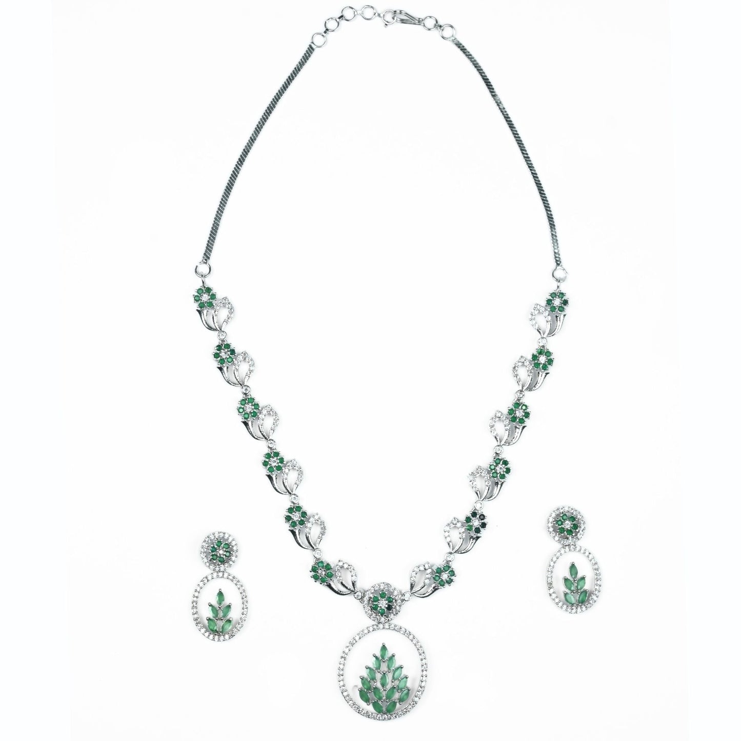 Necklace - Leaflet Motif Rhodium Plated Necklace Set - Opal Touch